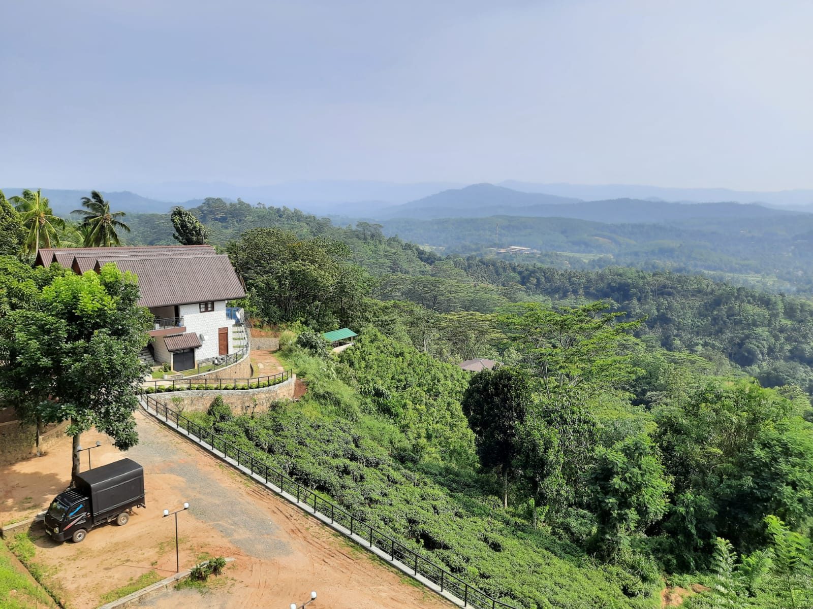 Aerial panoramic view of Terrace Cinnamon View estate and the Pelmadulla mountain valley